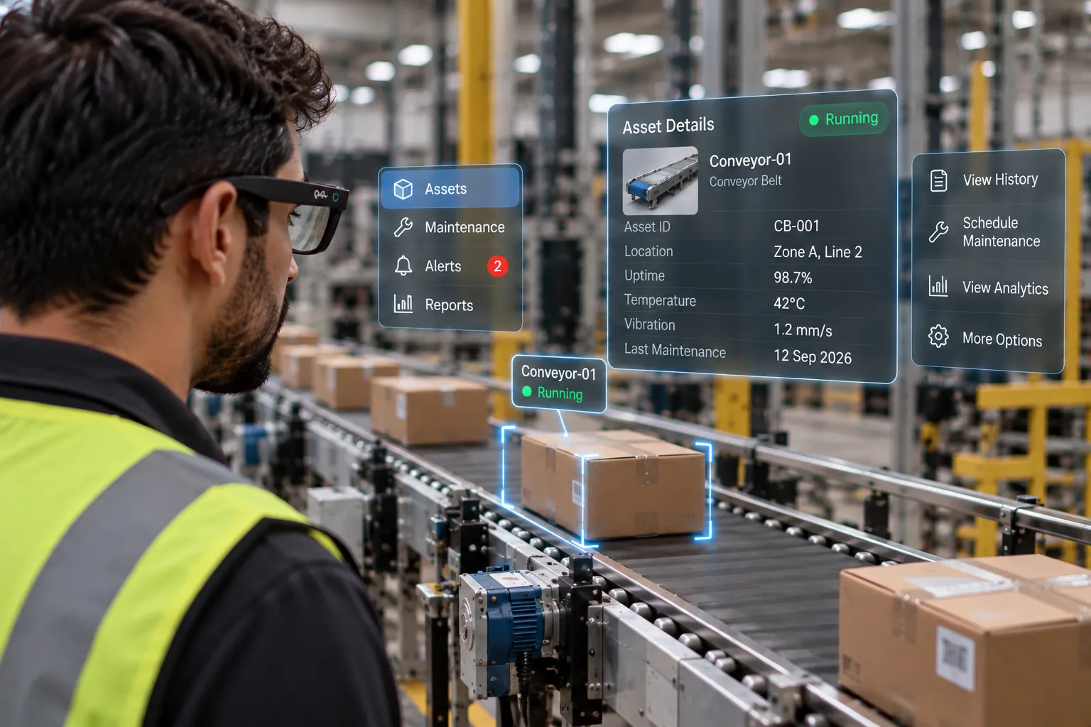 Technician wearing smart glasses viewing live Conveyor-01 asset details